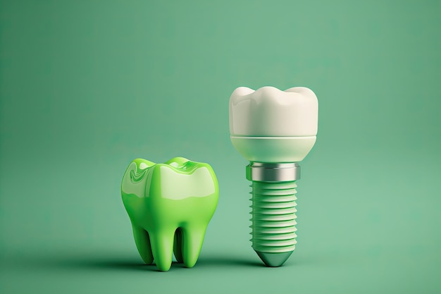 Dental implant and tooth isolated on a green background