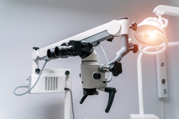 Dental microscope. Modern medical equipment. Oral treatment concept. Closeup. Selective focus.