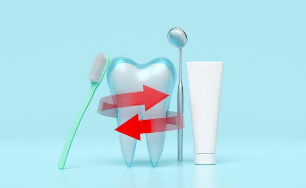 Photo dental molar teeth model 3d icon with red spiral arrow toothbrush toothpaste tube dentist mirror isolated on blue background dental examination of the dentist tooth protection 3d render