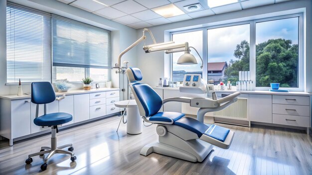 a dental office with a blue chair and a desk with a computer monitor on it