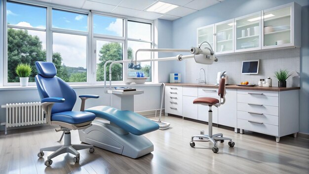 a dental office with a blue chair and a window