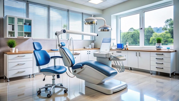 a dental office with a blue chair and a window