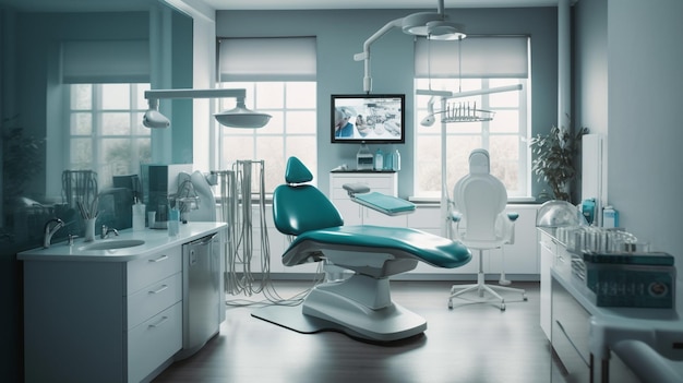 A dental office with a chair and a monitor that says dental on it.