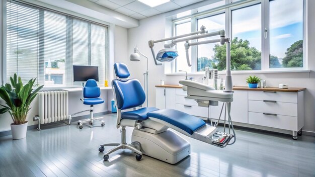 a dental office with a chair and a monitor on the wall