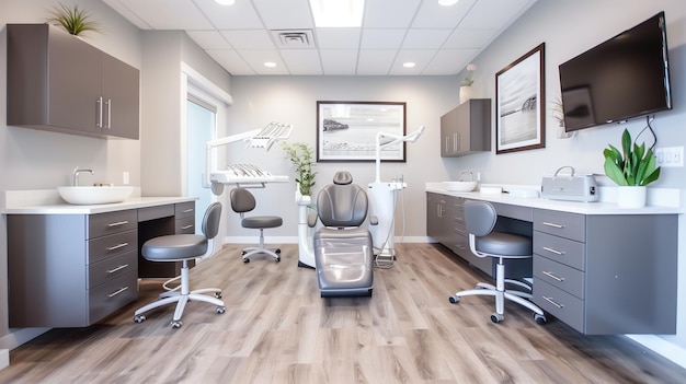 Dental office with chair sink and lighting fixtures