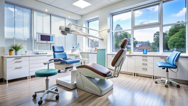 a dental office with a chair that says dental clinic