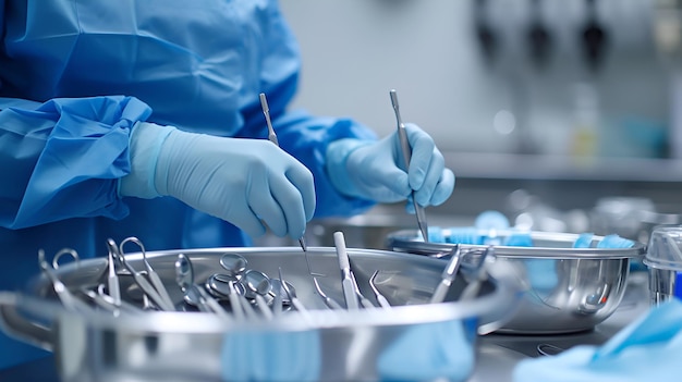 Photo dental professional organizing sterile instruments for a procedure in a clean clinic setting