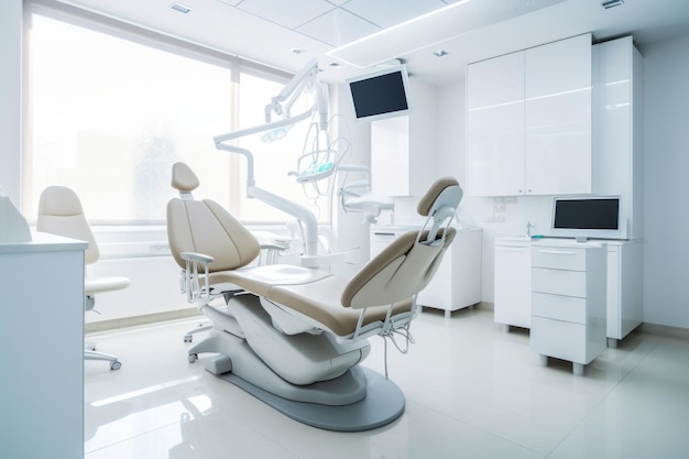 Dental room with chair and monitor on the wall Generative AI