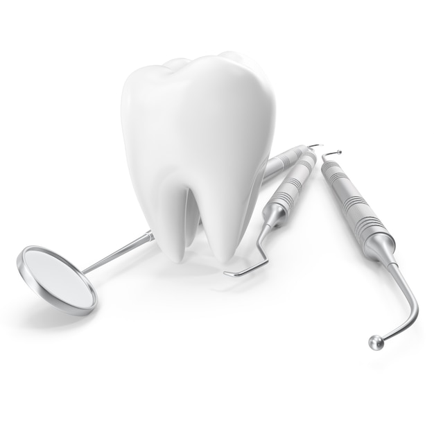 Dental set, mirror, probe, with tooth, concept care isolated on white background, 3D rendering