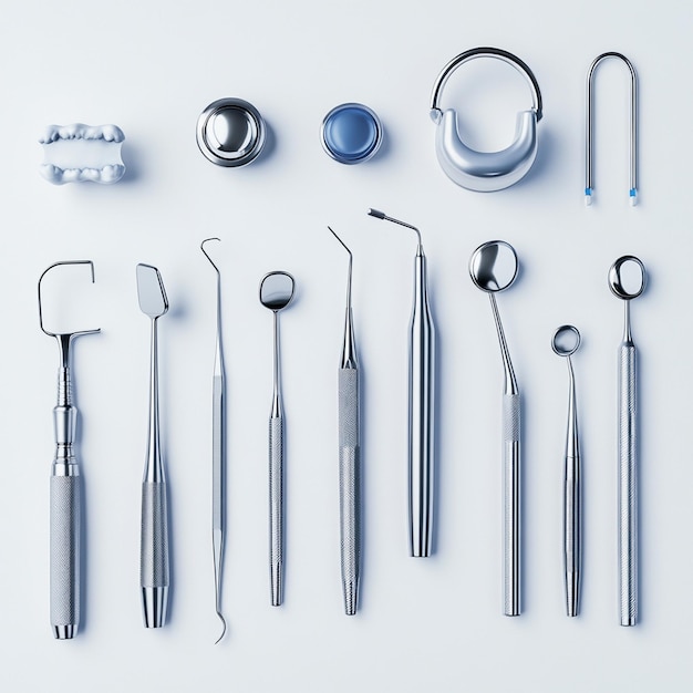 Dental Tools and Equipment Arranged Neatly on White Surface