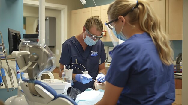 A dentist and assistant wearing surgical masks and gloves work on a patients teeth The patient is sitting in a dental chair with their mouth open