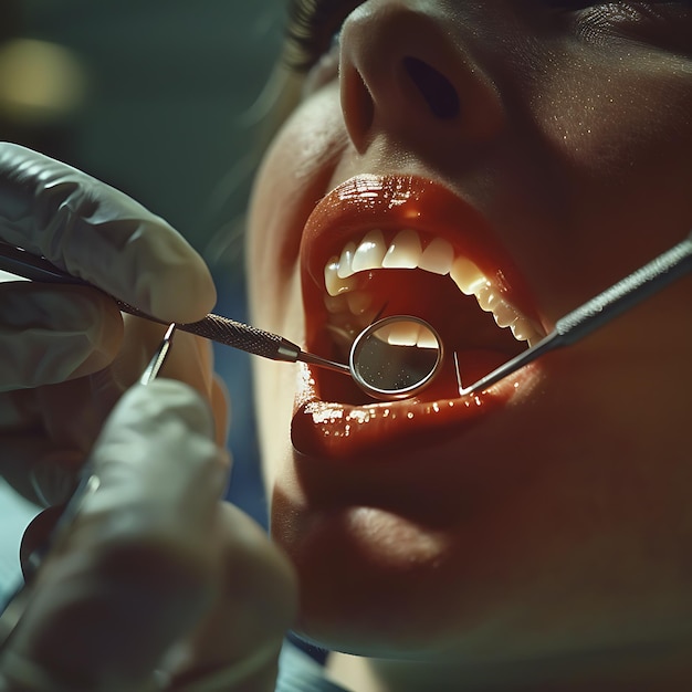 Photo dentist examining the condition of the patients teeth using dental instruments closeup