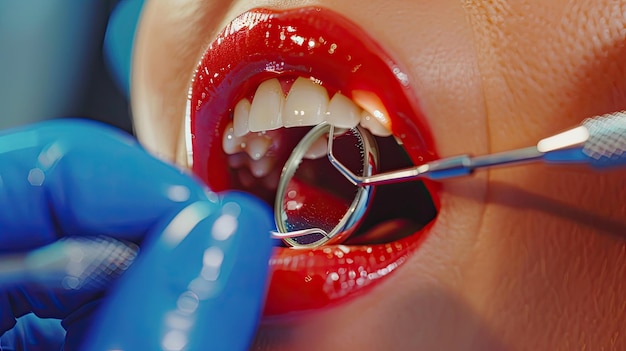 Dentist examining a patients teeth with a dental mirror and probe in a modern dental clinic