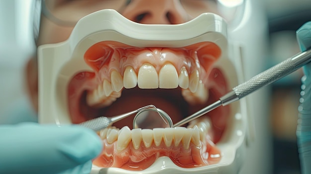 Dentist examining a patients teeth with a dental mirror and probe in a modern dental clinic