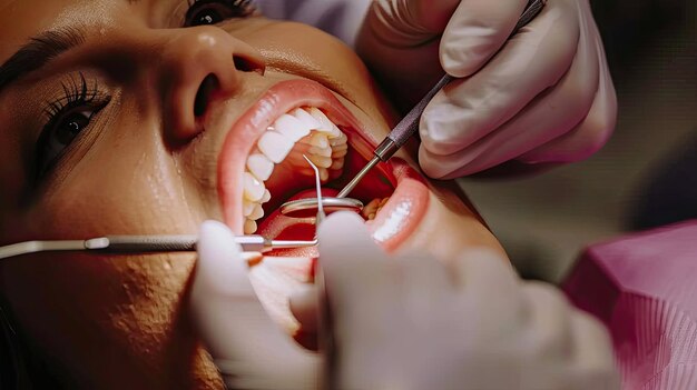 Dentist examining a patients teeth with a dental mirror and probe in a modern dental clinic