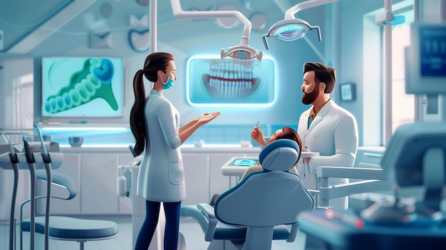 Photo dentist explains procedure to patient in modern clinic