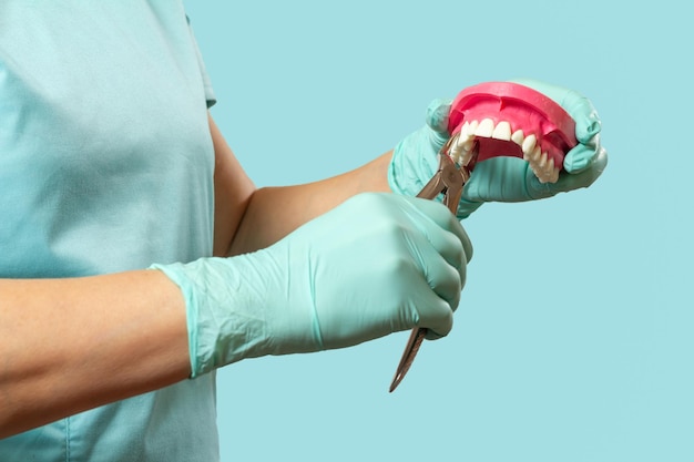 Dentist has extracted sick tooth from the layout of a human jaw