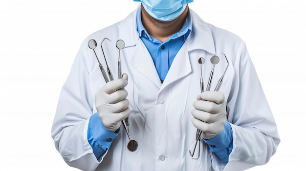 Dentist holding dental tools isolated on white background