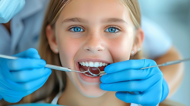 A dentist is examining a young girls teeth cheek and smile