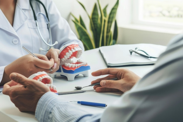 Photo dentist and patient examining a dental model