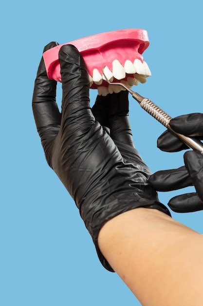 Dentist's hands with layout of human jaw and midical tool