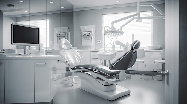 A dentist's room with a chair and a lamp in it.