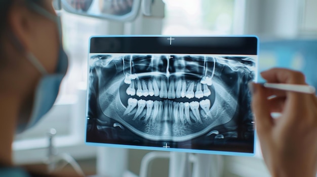 Dentist showing an Xray of teeth with braces to a patient discussing progress and treatment