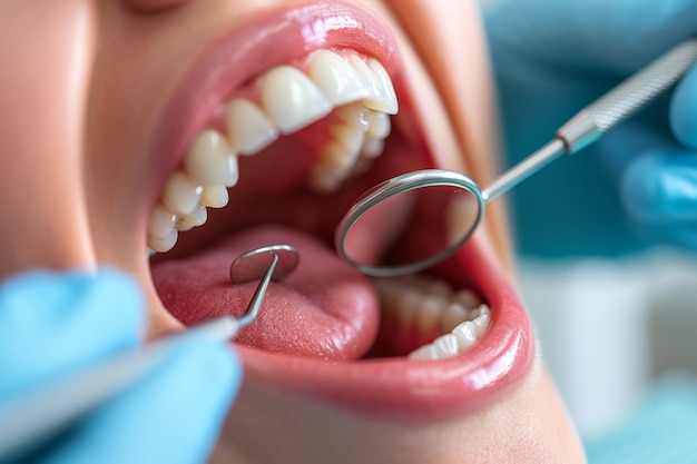 Photo dentist wearing gloves and mask examines woman teeth in dental clinic highlighting oral care