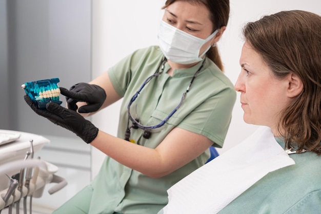 Dentist woman in protective mask and gloves with patient in dental clinic