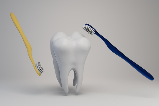 dentistry teeth cleaning. caries prevention. white tooth around which is yellow and blue toothbrushe