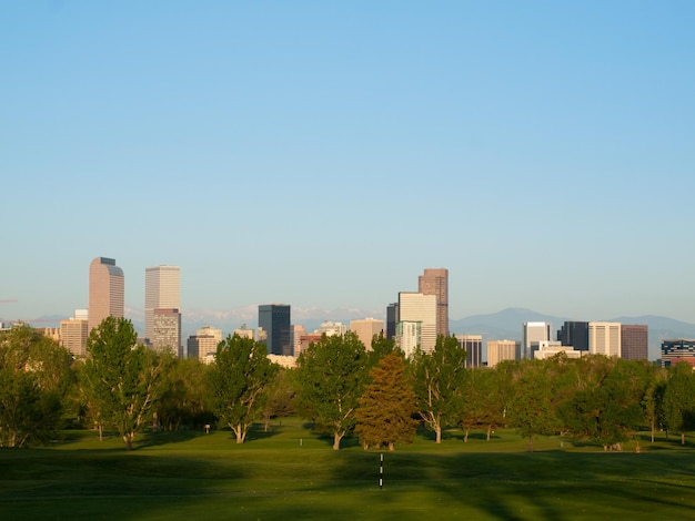 Denver skyline at sunrise.