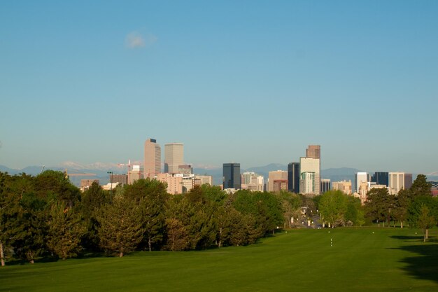 Denver skyline at sunrise.