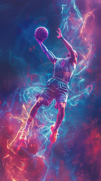 Depict the allure and allure of basketball within a neon infused artistic composition