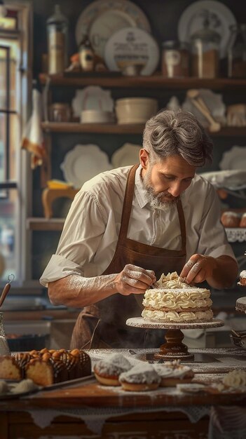 Depict Bakery Owner Carefully Decorating a Cake