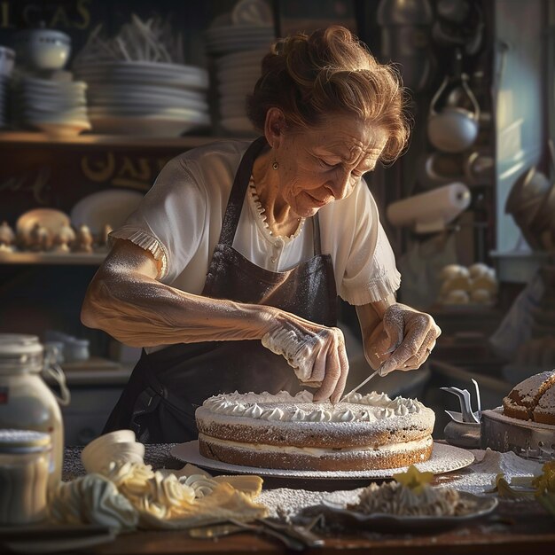 Depict Bakery Owner Carefully Decorating a Cake