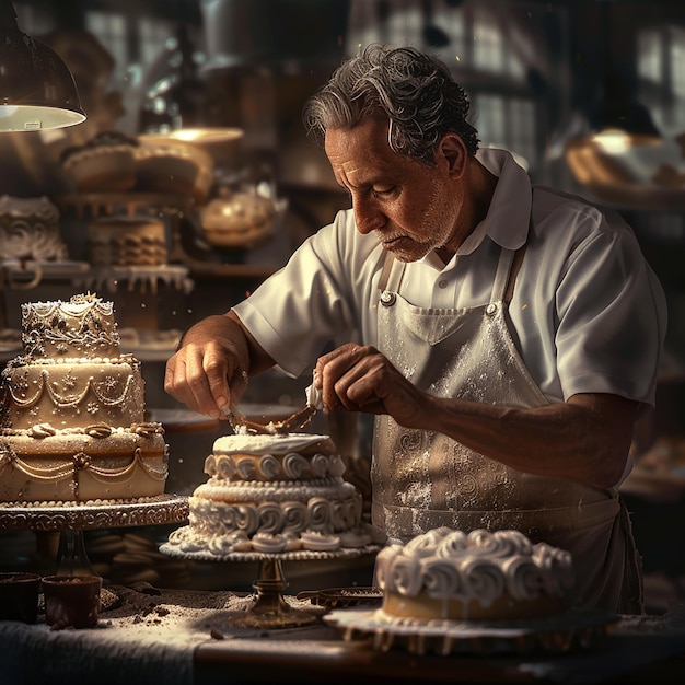 Depict Bakery Owner Carefully Decorating a Cake