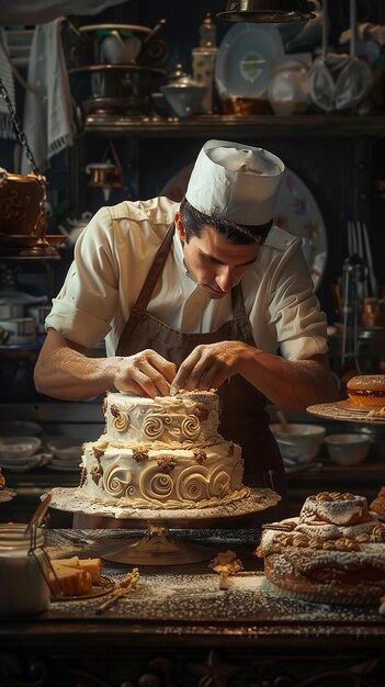 Depict Bakery Owner Carefully Decorating a Cake