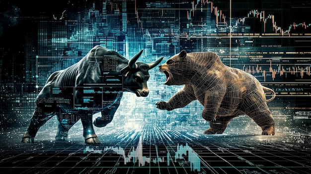 Depict a bull and bear facing off with stock charts showing volatile swings in the market