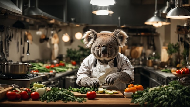 Depict a charming scene in which Culinary Koala an expert chef with a chefs hat and apron is skil