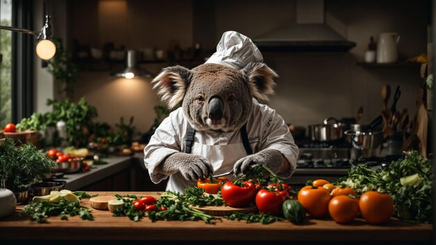 Depict a charming scene in which Culinary Koala an expert chef with a chefs hat and apron is skil