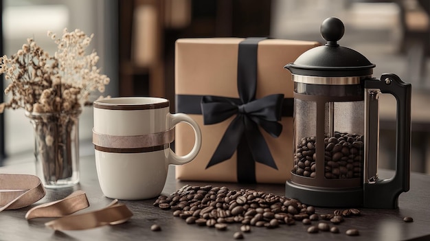 Photo depict a coffeethemed gift set with a selection of gourmet coffee beans a stylish mug and a french press