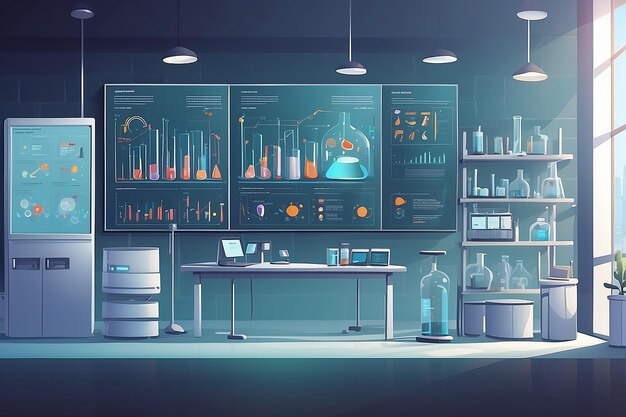 Depict a corner of the lab with interactive touchscreens displaying realtime data from ongoing experiments vector illustration in flat style