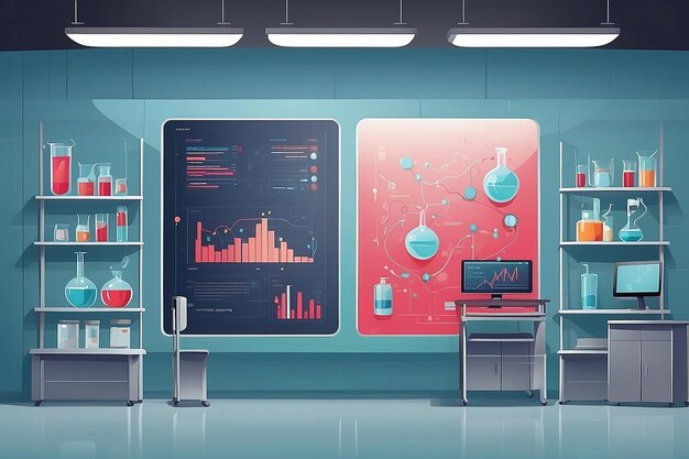 Depict a corner of the lab with interactive touchscreens displaying realtime data from ongoing experiments vector illustration in flat style