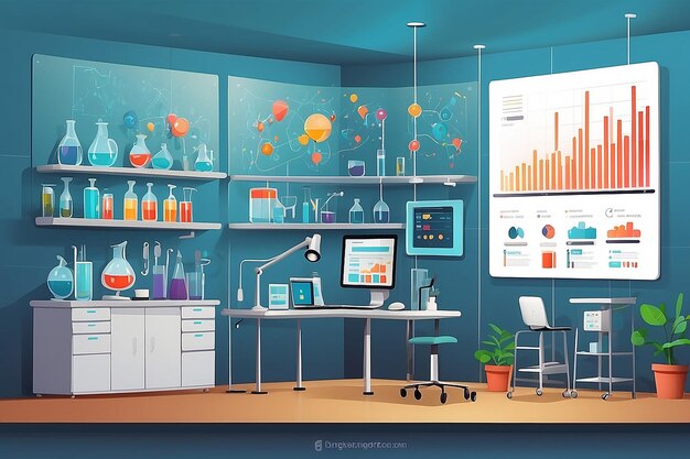 Depict a corner of the lab with interactive touchscreens displaying realtime data from ongoing experiments vector illustration in flat style