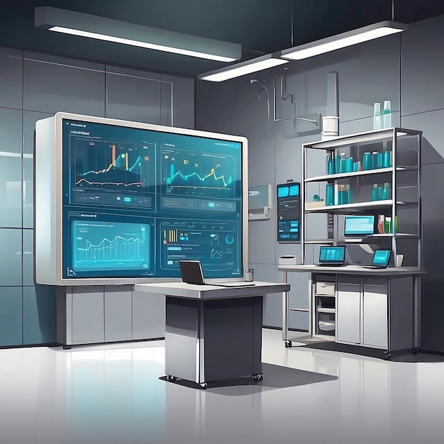 Photo depict a corner of the lab with interactive touchscreens displaying realtime data from ongoing experiments vector illustration in flat style