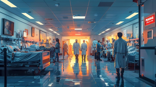 Depict a doctor making rounds in a hospital ward and