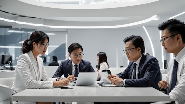 Depict a forwardthinking Asian business team engaging in a meeting at a futuristic white desk