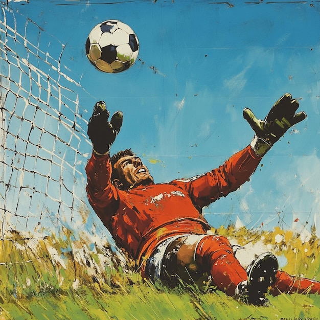 Depict a goalkeepers spectacular diving save tipping the ball just over the crossbar