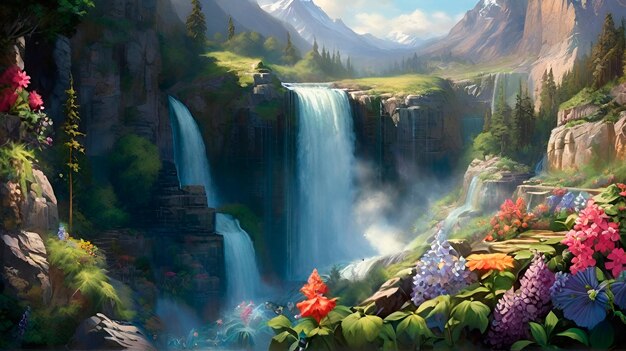 Depict a majestic waterfall cascading down a lush verdant mountainside surrounded by vibrant