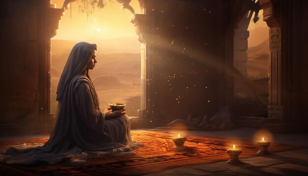 Depict a Muslim serene scene of an individual in prayer